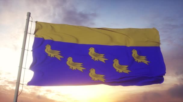 West Sussex vlag, Engeland, zwaaiend in de wind, lucht en zon achtergrond — Stockvideo