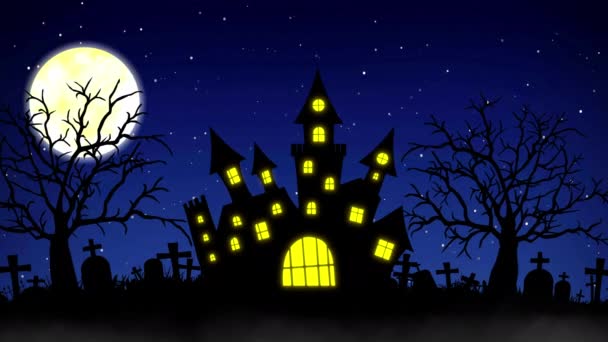 Halloween pozadí animace s konceptem Strašidelný hrad, Měsíc a strašidelné stromy — Stock video