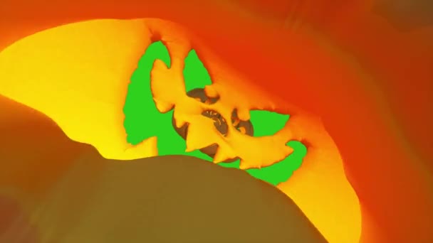 Animação de abóbora engraçada de Halloween em um fundo verde. Movimento da câmera através das abóboras assustadoras — Vídeo de Stock