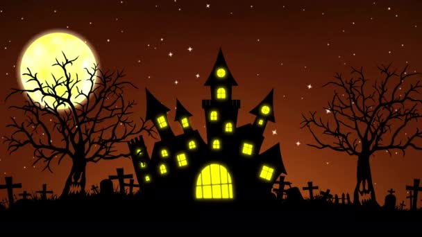 Animación de fondo de Halloween con el concepto de Castillo encantado, Luna y árboles espeluznantes — Vídeos de Stock