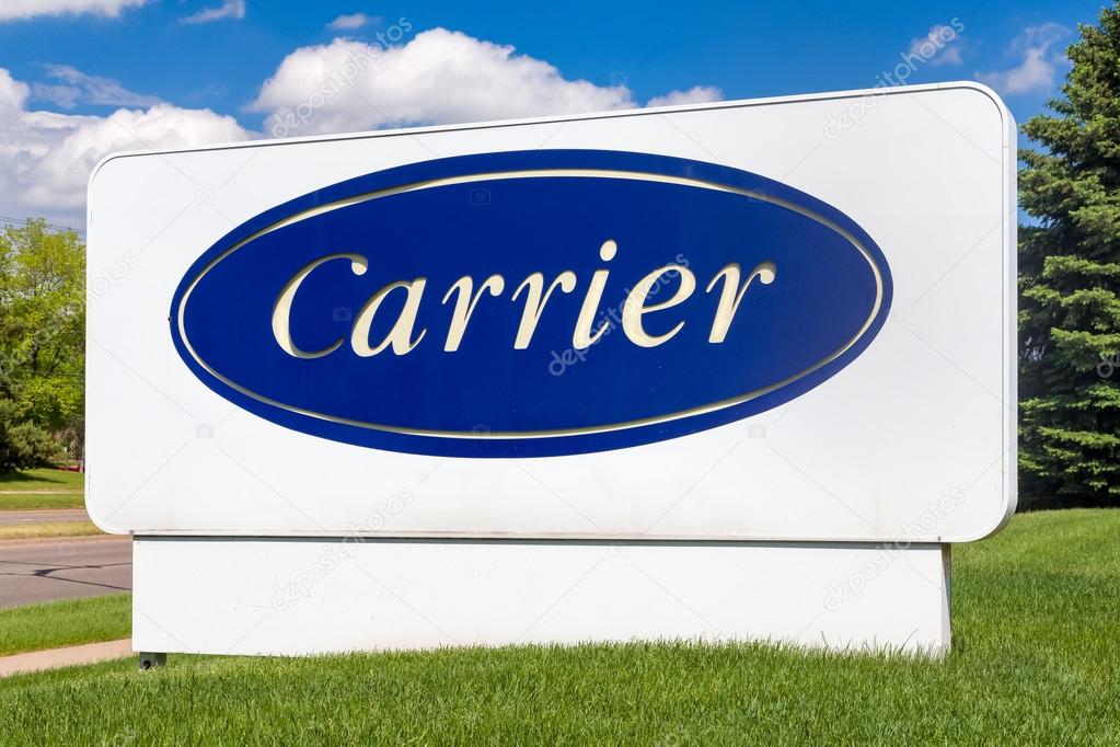 BLOOMINGTON, MN/USA - MAY 29, 2016: Carrier Corporation sign and symbol. Carrier manufacturers heating, ventilating and air conditioning systems.