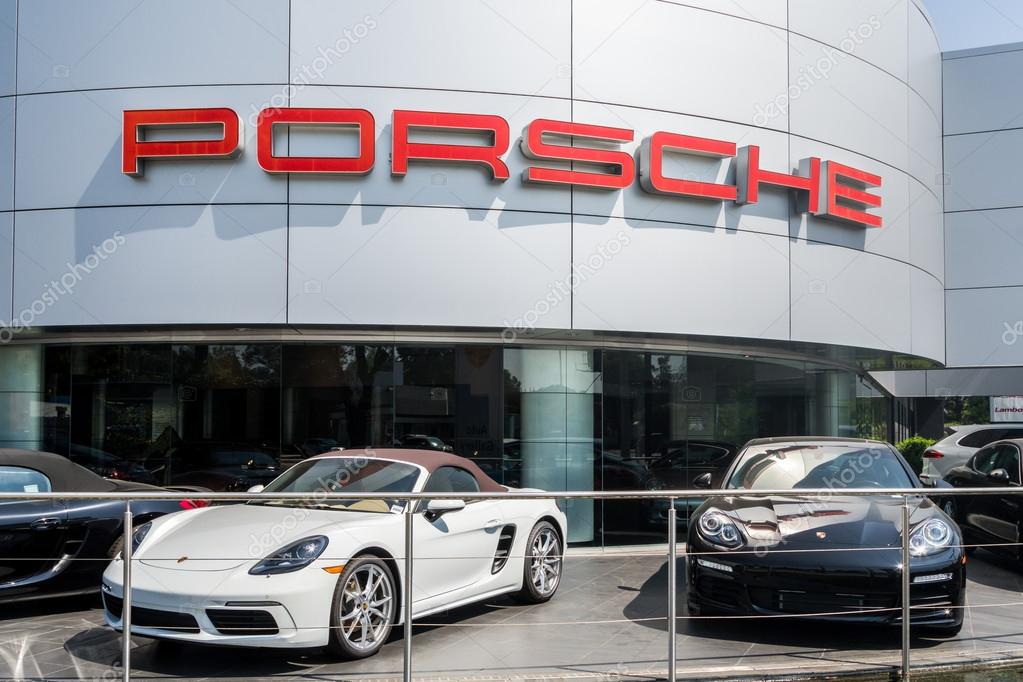 LOS ANGELES, CA/USA - JULY 31, 2016: Porsche automobile dealership exterior. Porsche Auomobil Holding is a German holding company with investments in the automotive industry.