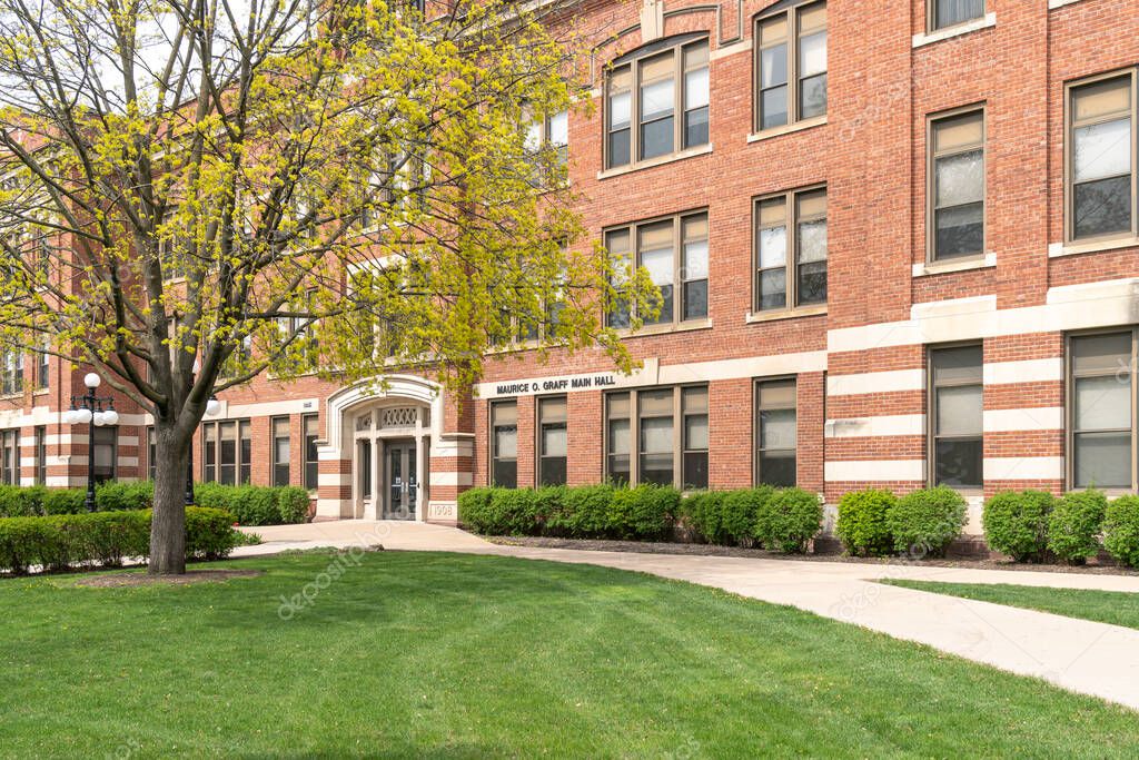 LA CROSSE, WI,USA - APRIL 17, 2021 - Maurice O. Graff Main Hall on the campus of the University of Wisconsin-La Crosse.