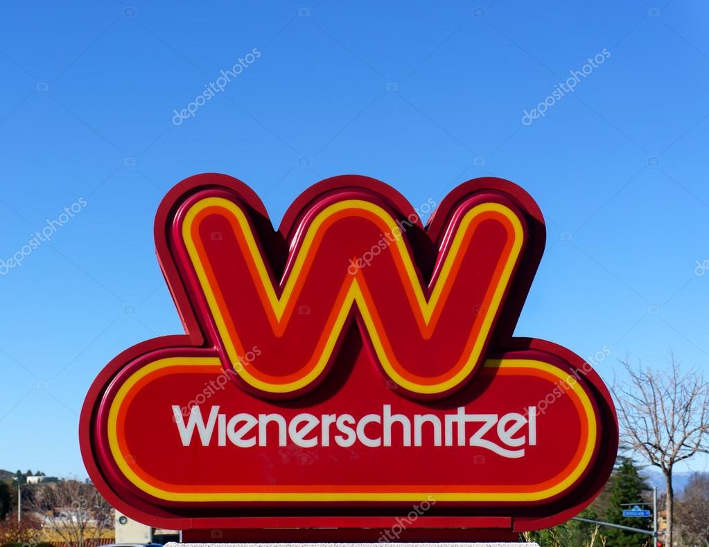 Wienerschnitzel fast foot restaurant sign. Wienerschnitzel is an American fast food chain that specializes in hot dogs.