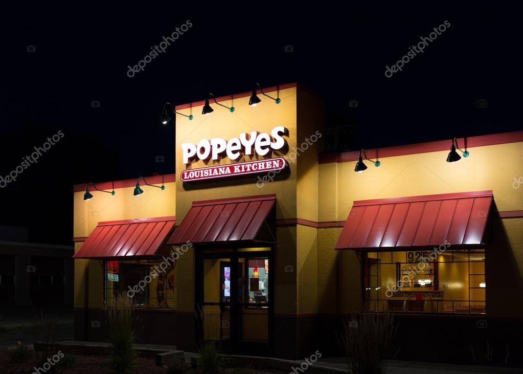 MINNEAPOLIS, MN, USA, August 12, 2015. Popeyes Louisiana Kitchen exterior. Popeyes Louisiana Kitchen is an American chain of fried chicken fast food restaurants.