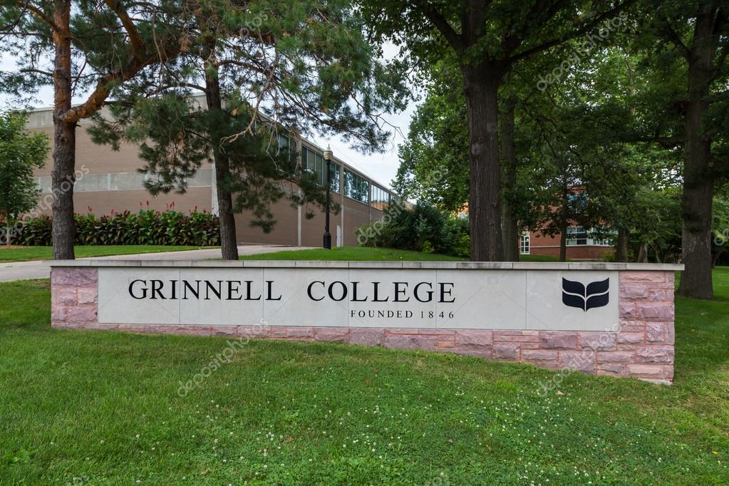 GRINNELL, IA/USA - AUGUST 8, 2015: Entrance sign on the campus of Grinnell College. Grinnell College is a private liberal arts college  known for its rigorous academics and tradition of social responsibility.