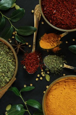 Siyah masanın arka planında geniş çeşitlilikte baharat ve bitkiler