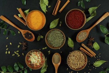 Siyah masanın arka planında geniş çeşitlilikte baharat ve bitkiler