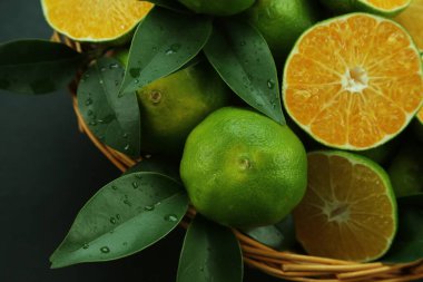 Arka planda yetişen yeşil tatlı mandalinalar