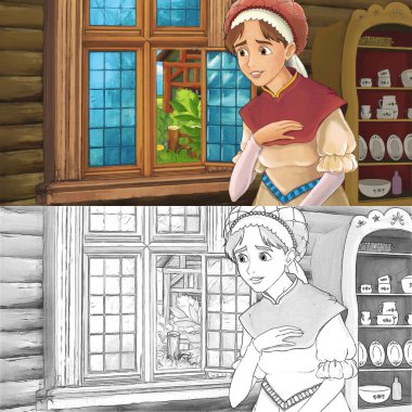 Bir kadın mutfakta karikatür Ortaçağ sahne