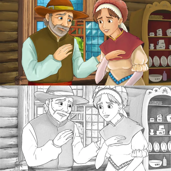 Cartone animato scena medievale di una donna e un uomo in cucina — Foto Stock