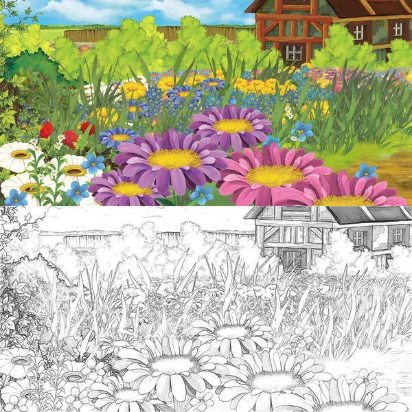 Cena de fazenda de desenhos animados - com página de coloração — Fotografia de Stock