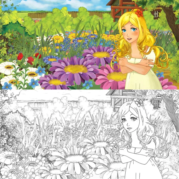 Dibujos animados granja escena con poco elfo chica en flores —  Fotos de Stock