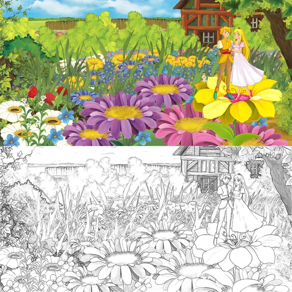 Cartoni animati scena fattoria con principe e principessa sui fiori — Foto Stock