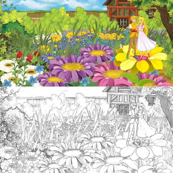 Dessin animé scène de ferme avec prince et princesse sur les fleurs — Photo