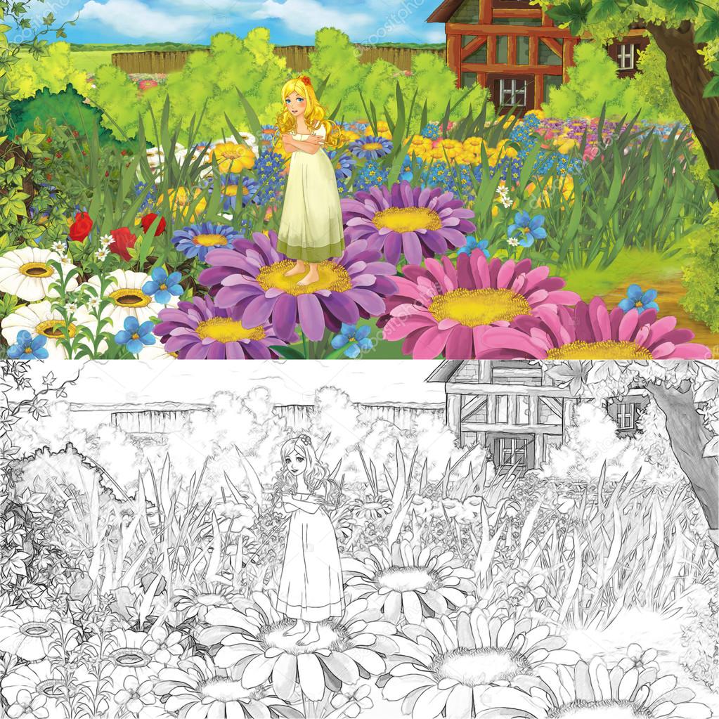 Cartoon farm scene with little elf girl on flowers