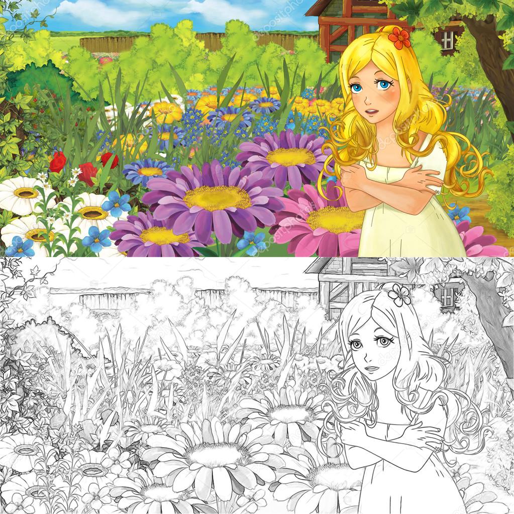Cartoon farm scene with little elf girl on flowers