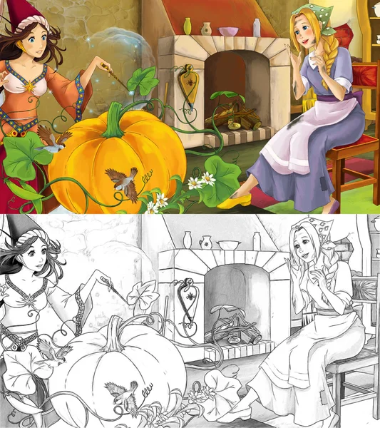 可怜的女孩与公主巫婆-和着色页卡通场景 — 图库照片