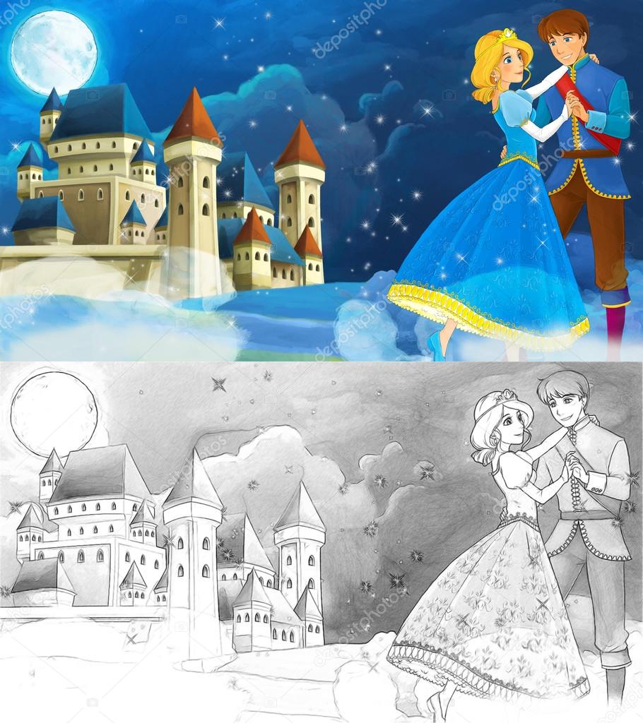 Cartoon romantic scene with royal pair - with coloring page