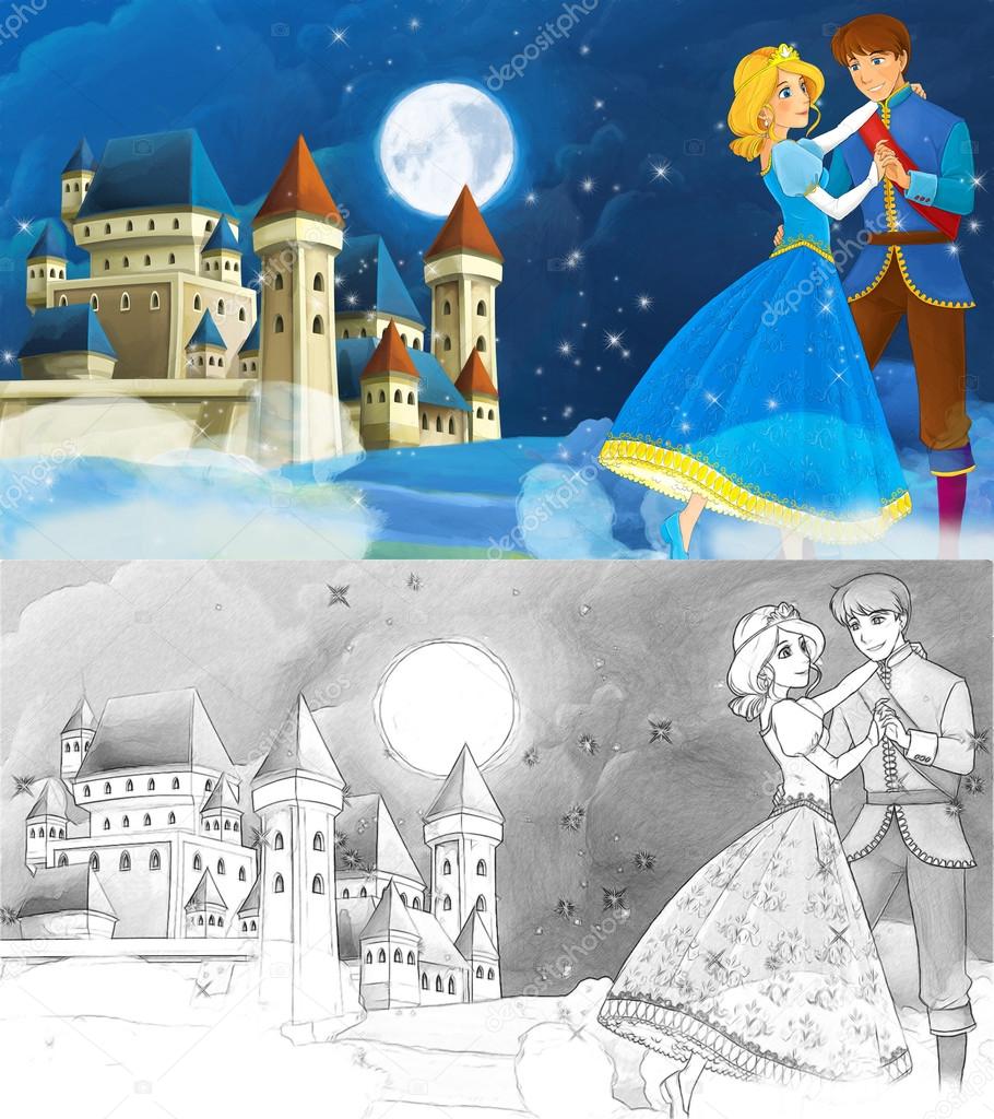 Cartoon romantic scene with royal pair - with coloring page Stock Photo by  ©illustrator_hft 100530760