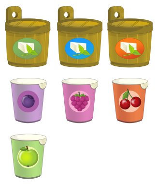 Kutuları ve meyve yoğurt - izole karikatür peynir