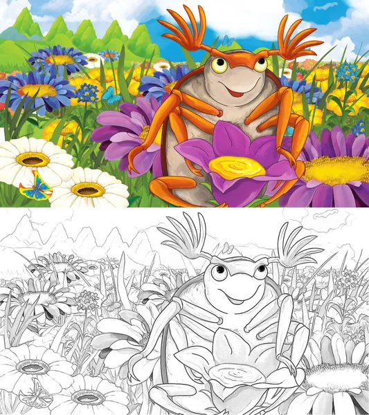 Kreskówka błąd - pole kwiaty - kolorowanki — Zdjęcie stockowe
