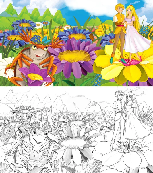 Zeichentrickszene mit Prinz und Prinzessin auf Blumen — Stockfoto