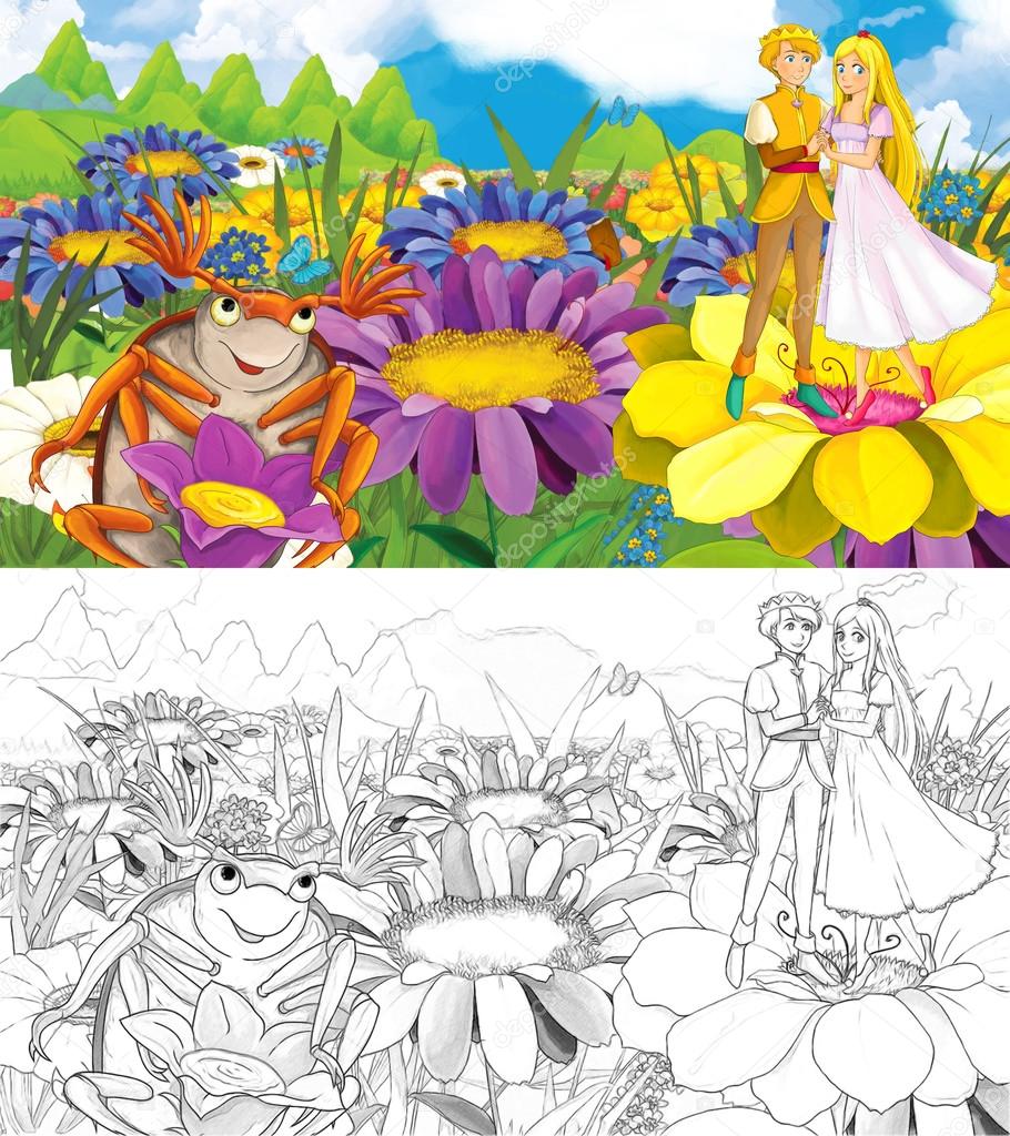 Cartoon scene with prince and princess on flowers