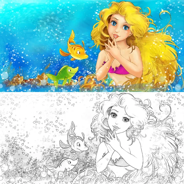 Cartoon mermaid in the sea - with coloring page — Stock Photo, Image