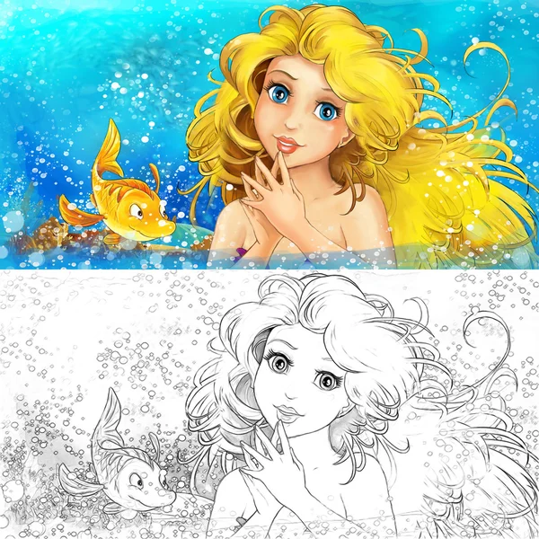 Mořská panna karikatura v moři - s barevné stránky — Stock fotografie