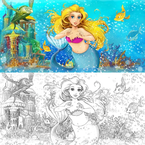 Sereia dos desenhos animados no mar - com página para colorir — Fotografia de Stock