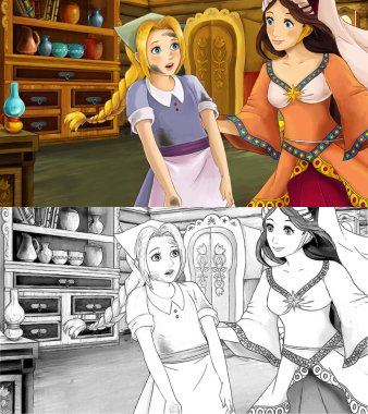 Zavallı kız ve Prenses büyücü ile karikatür manzara