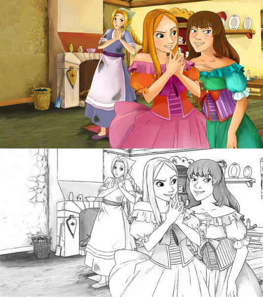 Cartoon-Szene - zwei reiche Schwestern und eine arme Schwester — Stockfoto