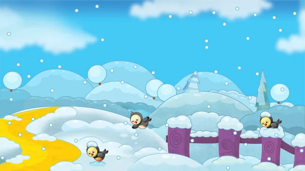 Cartoon winter nature scene with birds — Stock Photo, Image
