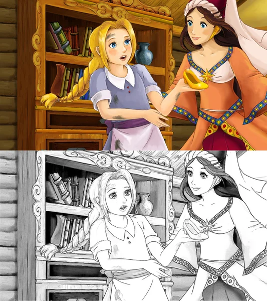 Cena dos desenhos animados com menina pobre e princesa feiticeira — Fotografia de Stock