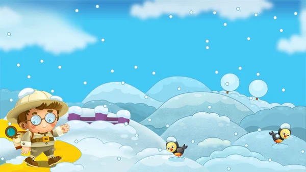 Cartoon-Winter-Naturszene mit einem Reisenden - Illustration für die Kinder — Stockfoto