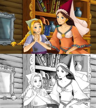 Zavallı kız ve Prenses büyücü ile karikatür manzara