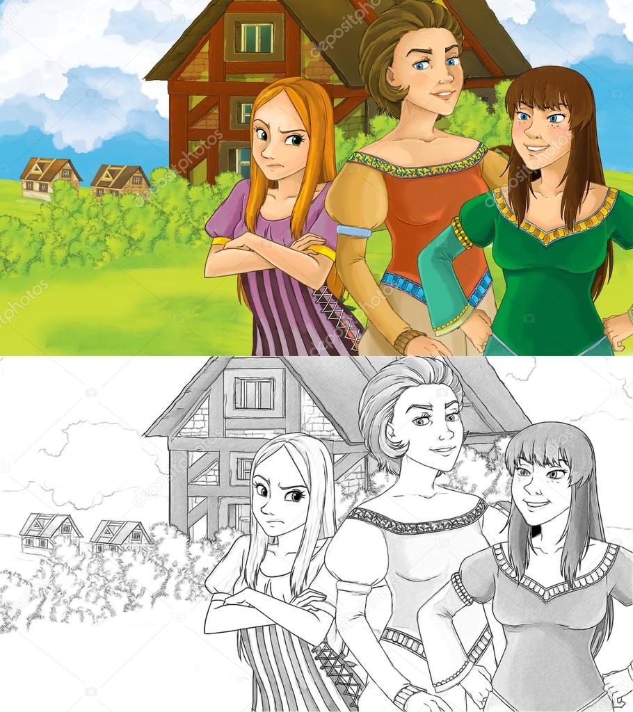 Cartoon farm scene with three women