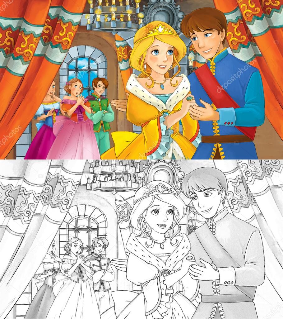 Cartoon happy royal couple in the castle