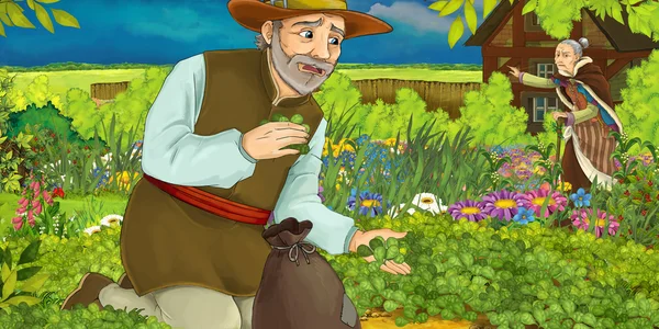 Dibujos animados ilustración de un hombre recogiendo hierbas en el jardín - con una anciana en el fondo — Foto de Stock