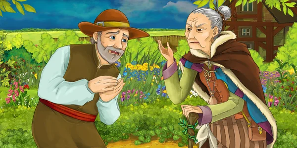 Kreslený obrázek muže mluví se starou ženskou v bylinkové zahradě — Stock fotografie