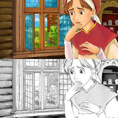 Bir kadın mutfakta karikatür Ortaçağ sahne