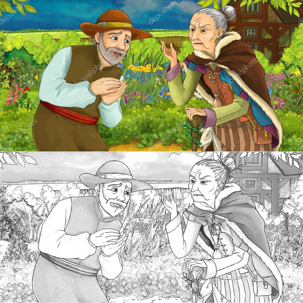 man gathering herbs in the garden with an old woman
