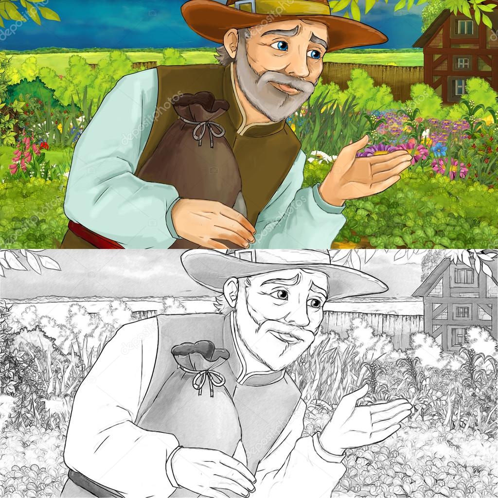 Cartoon illustration of a man gathering herbs in the garden