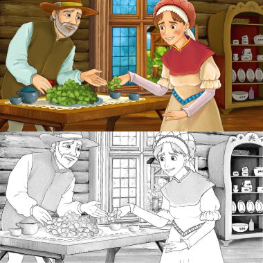 Bir kadın ve bir adam mutfakta - sayfa boyama ile çizgi film Ortaçağ sahnesi