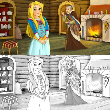 Bir genç kız ve yaşlı kadın ahşap Oda - ek boyama sayfası çizgi film sahnesi