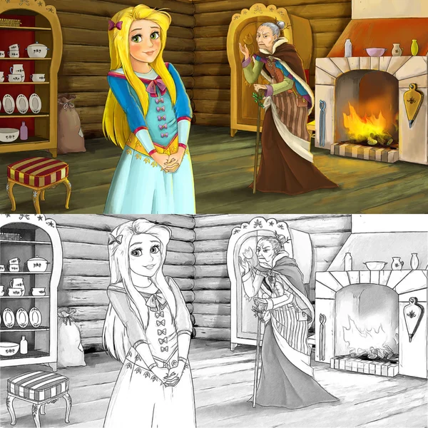 Карикатурная сцена молодой девушки и старушки в деревянной комнате - с дополнительной раскраской страницы — стоковое фото