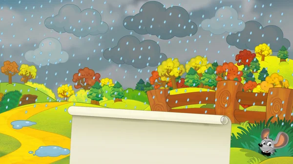 La escena de dibujos animados del parque en el día lluvioso - con el espacio para el texto —  Fotos de Stock