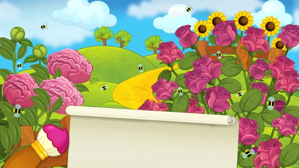Cartoon trädgård scen med rosor - med plats för text — Stockfoto