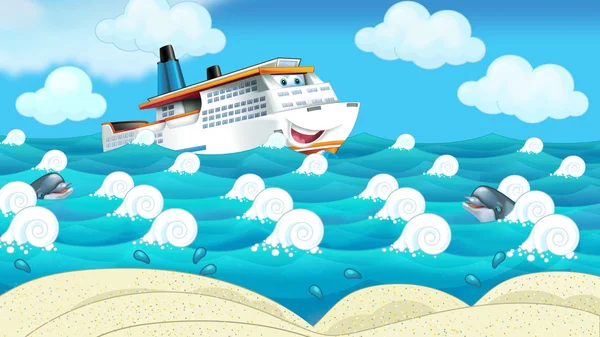 Cartoon scene of a ship near the beach — Stock Photo, Image